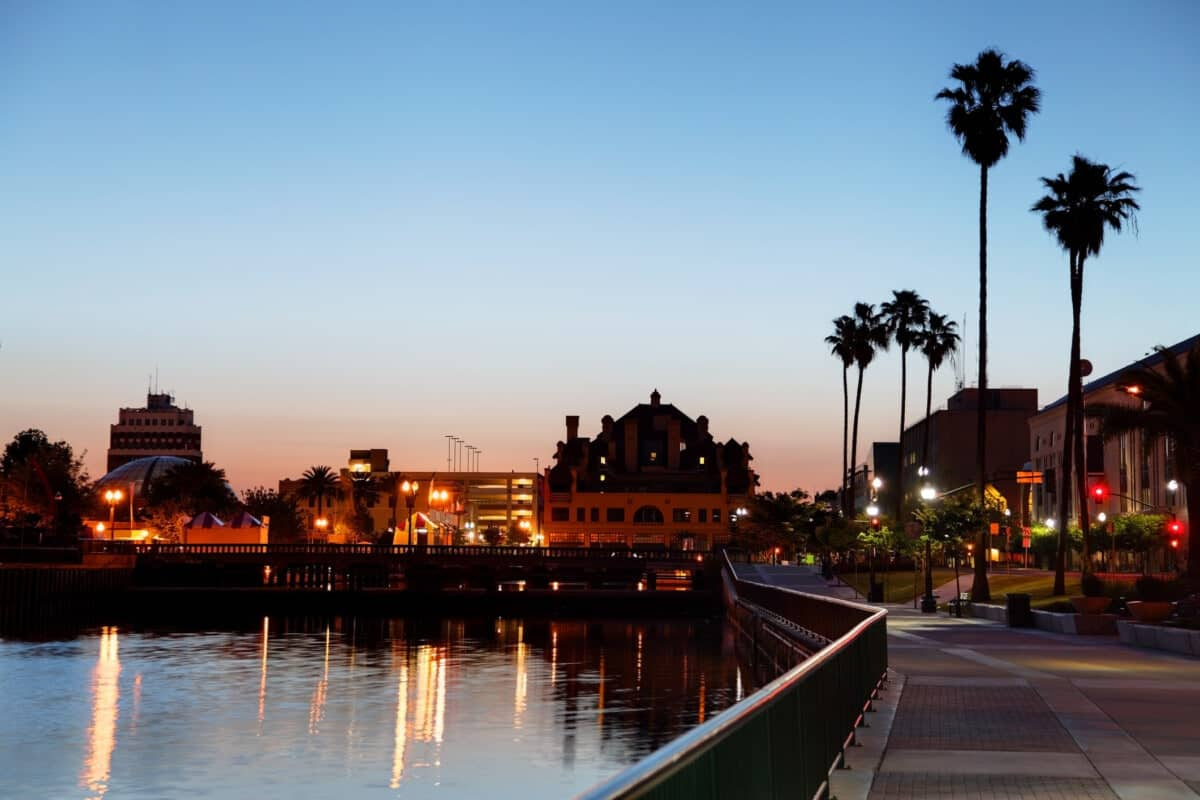 Stockton waterfront commercial district at dusk